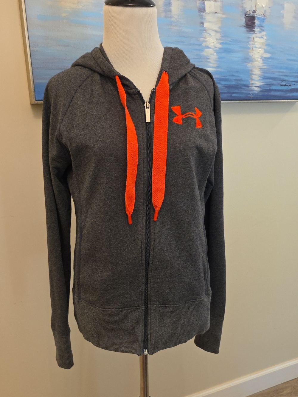 Under Armour Gray Zip Hoodie with Orange Logo & Drawstrings